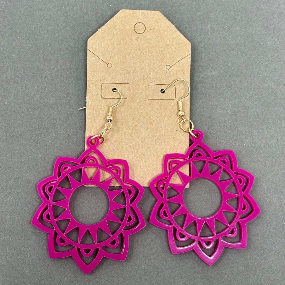 Handmade Fuchsia Pink Acrylic Earrings Laser Cut Gold Tone Hook Medallion Dangle